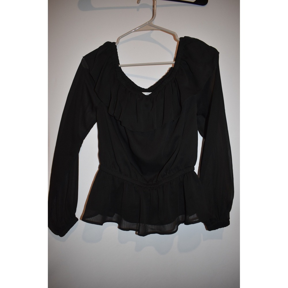 Sofia Jeans Black Ruched Waist Top Women XS Long Sleeve Boat Neck Peplum Stretch